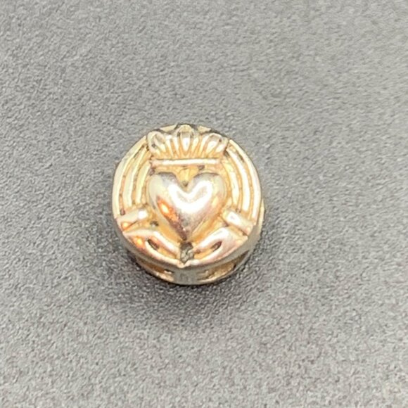 Silver Tone Round Claddagh Heart Slide Charm w/ Darkened Heart Insets - Picture 7 of 8